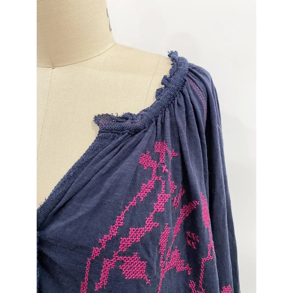 Free People Womens Tunic Top Blue Long Sleeve Peasant V Neck Embroidered Boho S - Picture 5 of 6